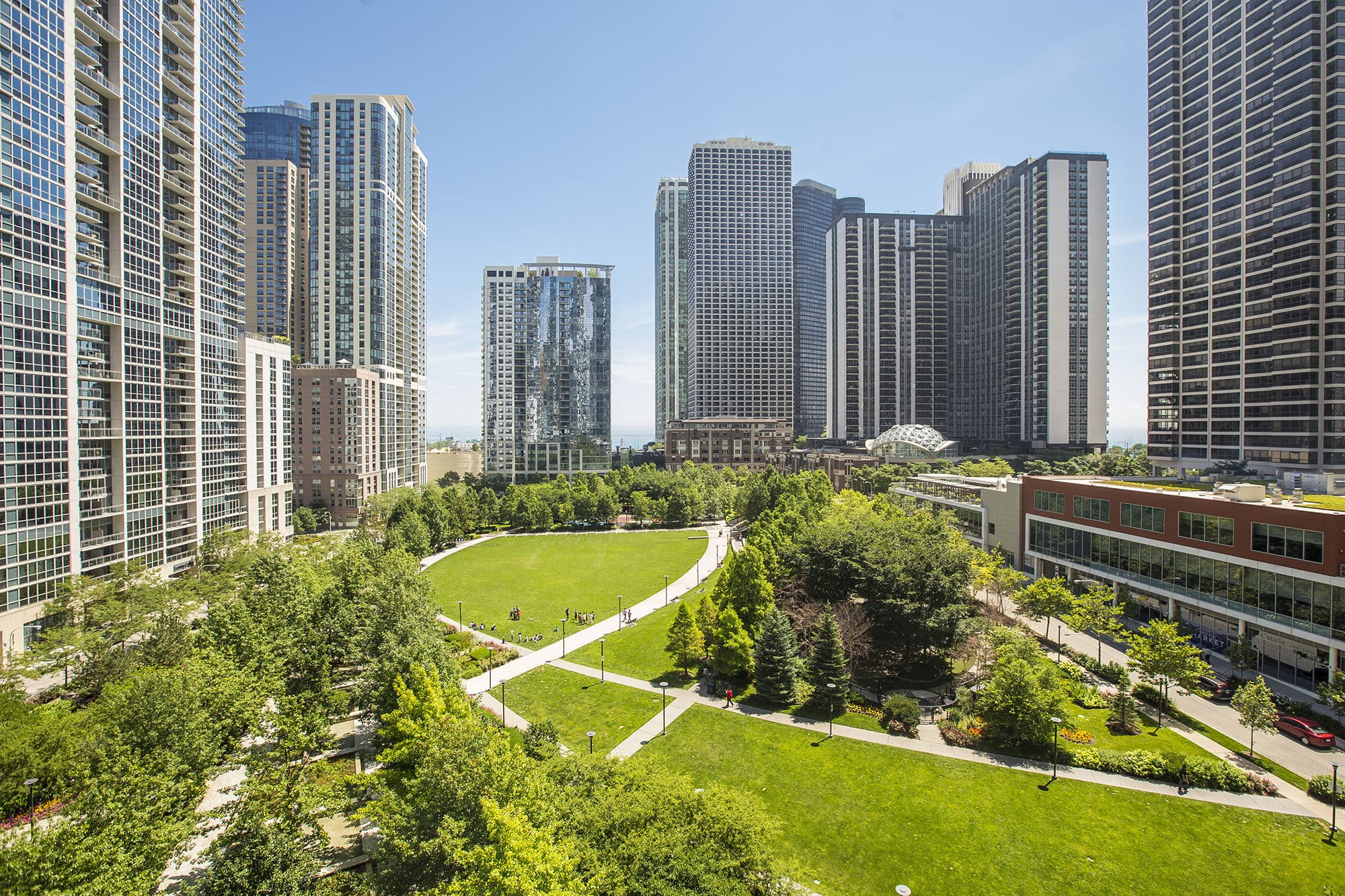 Lakeshore East Park from above, the towers around it